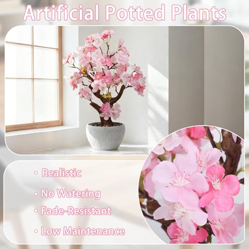 TOARTi Artificial Pink Cherry Blossom Potted Plant with Stone Pot, 13.4" Tall Fake Flowers Faux Plant Desk Decor, Realistic Decorative Plants Indoor Decor for for Home Bedroom Bathroom Office Desk - color: Pink Cherry Blossoms 13.4''