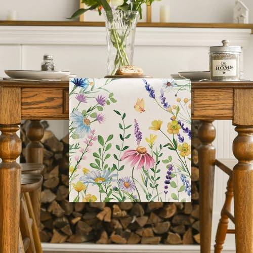 Artoid Mode Daisy Eucalyptus Lavender Floral Leaves Summer Table Runner, Spring Kitchen Dining Table Decoration for Home Party Decor 13x120 Inch - color: Beige, size: 13" x 120", Table Runner