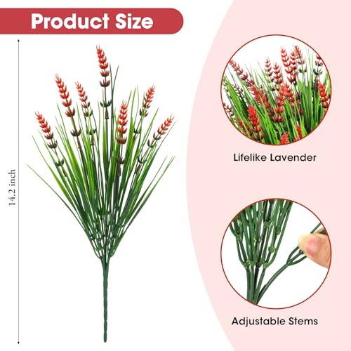 Bassion Artificial Flowers for Outdoors, 24 Bundles Fake Lavender Flowers UV Resistant Red Plastic Plants Faux Monkey Grass for Home Porch Garden Window Box Indoor Outdoor Decorations - color: Red, size: 24 Bundles