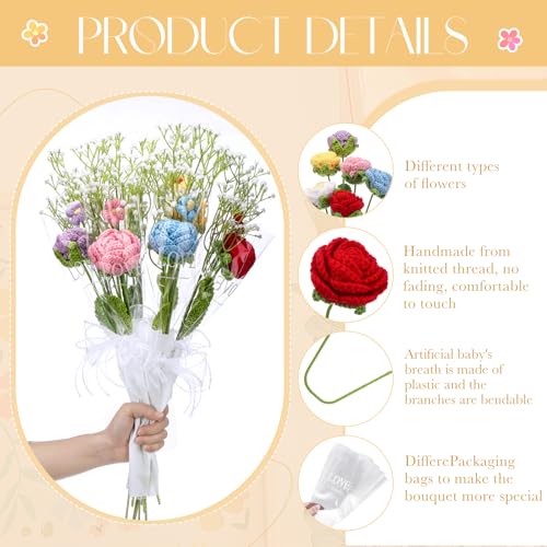 Suncalla 6 Bundle Mother's Day Crochet Flower Bouquet Handmade Crochet Rose Artificial Babys Breath Puff Flowers Bouquet Gift for Woman, Graduation Supplies(Multicolor,Rose) - color: Multi Color, style: Multicolor 1