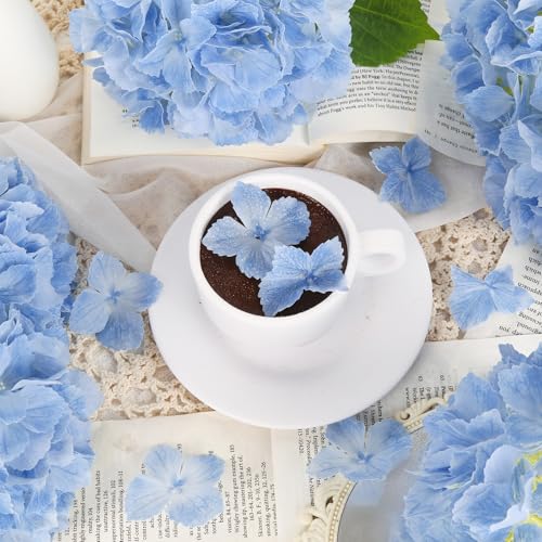 IPOPU 6pcs Real Touch Hydrangea Artificial Flowers Faux Blue Hydrangeas 12" Realistic Latex Flowers with Stems for Wedding Centerpieces Bouquets DIY Floral Home Decoration(Blue) - color: Baby Blue