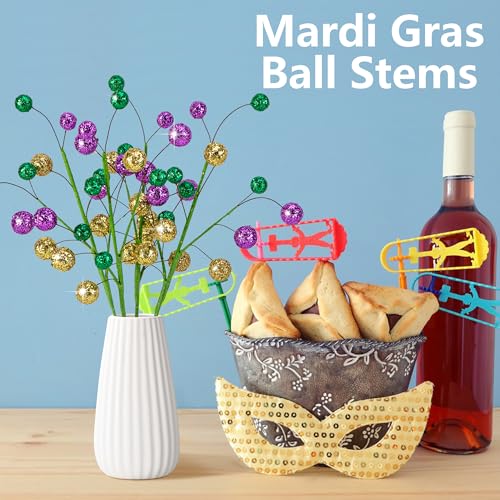 Watayo 8 Pack 15" Large Mardi Gras Ball Centerpiece Stems, Mardi Gras Artificial Glitter Berry Stems Ornaments, Shiny Purple Gold Green Berry Branches Twigs Picks Sprays for Carnival Party Home Decor - color: Purple Gold Green