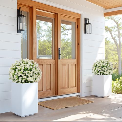 24" Artificial Potted Plants Outdoor Set of 2, UV Resistant Faux White Flowers with Eucalyptus, Decorative Plants in Pots for Front Porch, Patio & Entryway - color: White, size: 24in Morning Glory Eucalyptus