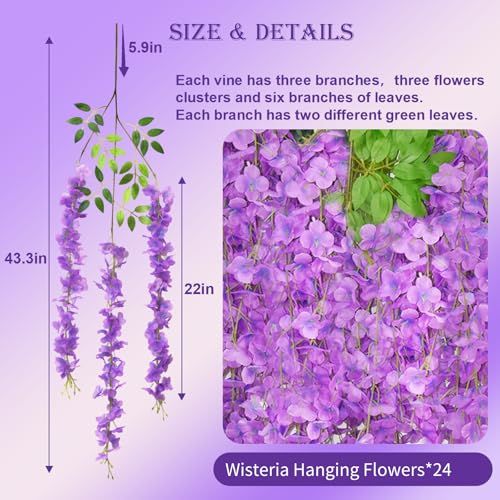 24 PCS Wisteria Hanging Flowers, 3.6ft Fake Wisteria Vines Artificial Wisteria Garland Silk Flower String for Wedding Arch Party Home Ceiling Wall Backdrop Tent Decoration (Light Purple) - color: Light Purple, size: 24 Pack