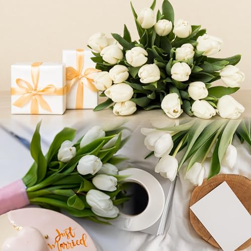 Sggvecsy 15 Pcs Fake Tulips Artificial Flowers Real Touch PU Faux Flowers Tulip Stems for Wedding Spring Bouquet Floral Arrangement Home Party Office Decorations for Mother's Day (Milk White) - color: Milk White, size: 15 Pcs