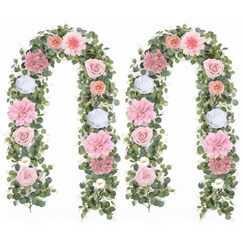 Waipfaru 2 Pcs Flower Garland, 12.14ft Eucalyptus Garland Vines with Flowers for Wedding Reception Table Mantle Spring Room Decor (Rose Pink) - color: Rose Pink-12.14ft, size: 2 Pack
