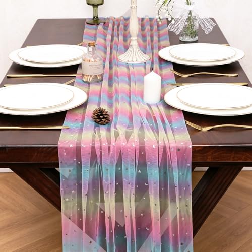 Iridescent Moon and Stars Gauze Table Runner 120 Inch 10FT Rainbow Tulle Silver Sequin Glitter Table Runner Colorful Dining Wedding Rainbow Birthday Decorations Unicorn Decor Holiday Home Party - color: Rainbow, size: 10 ft × 1 pc