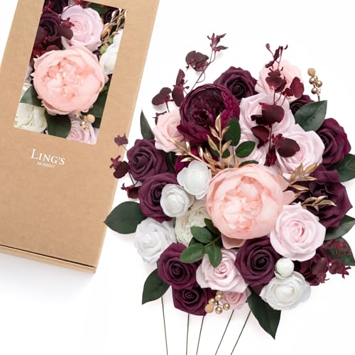 Ling's moment Fake Flowers Box, Faux Artificial Greenery Stems Foam Roses Silk Peonies Ranunculus Fabic Flower for Centerpieces Bouquet Wedding Vase Decorations, Berry Pink & Blush, Deluxe Combo - color: Red-berry Pink & Blush, size: Deluxe