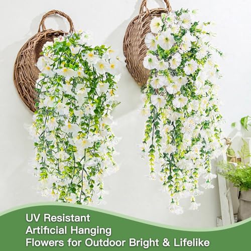 Artificial Flowers for Outdoors Fake Morning Glory Hanging Flower Decoration, 6 Pcs Realistic Faux Plants Petunias Trailing Vines, Spring Summer Decor for Porch Patio Balcony Planter Yard(White) - color: White, size: 6 Pcs