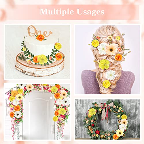 Cindeer 217 Pcs Mini Silk Flower Heads Bulk, Small Fake Flowers for Crafts Artificial 3D Loose Fabric Flower for Crafts DIY Wedding Party Hair Cap Dresses Decorations(Yellow Series) - color: Yellow Series