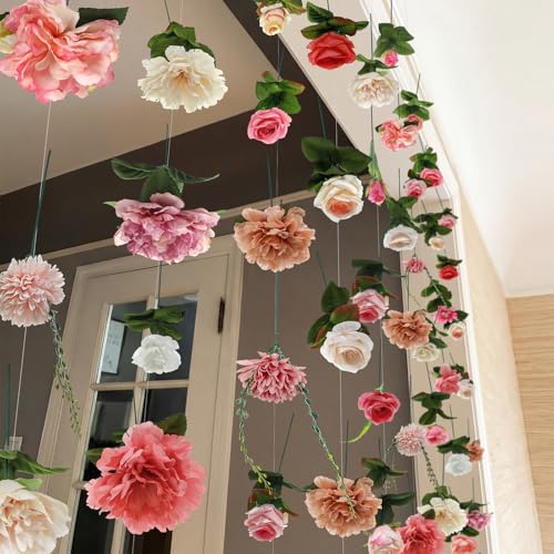 XunYee 6 Pcs 35.4 ft Flower Garlands Artificial Wildflower Vines Floral Hanging Backdrop Fake Flower Garlands Faux Silk Wildflower Vine for Wedding Bridal Shower Home Garden Wall Arch Decor(Pastel) - style: Pastel