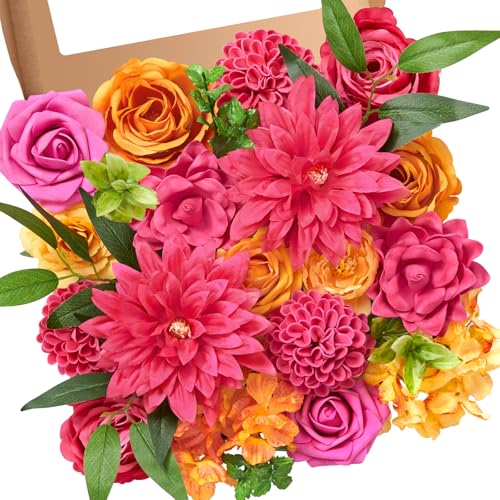 Serwalin Artificial Flowers,Hot Pink & Orange Fake Silk Flowers for DIY Wedding Bridal Bouquets,Faux Cake Flowers for Table Centerpieces Party Baby Shower Decorations - color: A Hot Pink Orange, size: 1 Box