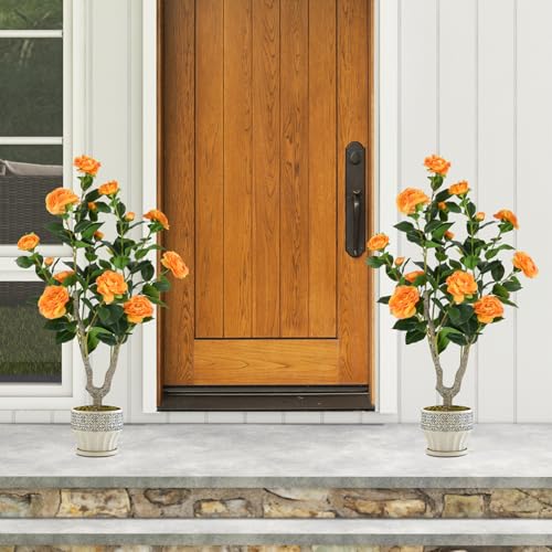 Goplus 36’’ Artificial Camellia Tree, Flower Plants Artificial Tree, Faux Floral Plant Blooming Tree in Nursery Pot, Greenery Potted Plant for Indoor Office Home Porch Decor, Orange - color: Orange, size: 36 inch