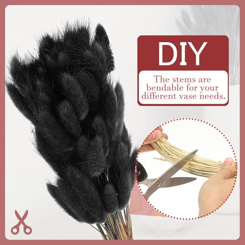 PATIKIL 15.7in Bunny Tails Dried Flowers, 80pcs Pampas Grass Decor Rabbit Tail Natural Pampas Grass Bulk Fluffy Faux Pampas Grass Dried for Home Boho Decor Vase Wedding Table, Black - color: Black