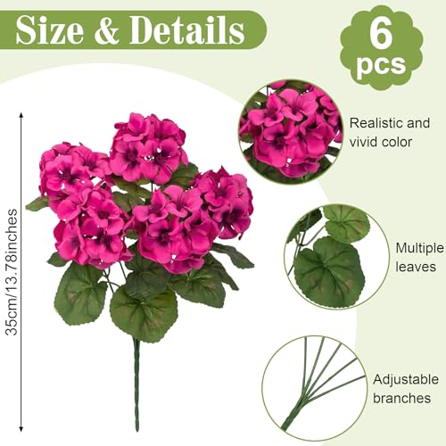 Roberly 6 Pcs Artificial Flowers for Outdoors, Fuchsia Fake Geranium Flowers UV Resistant Realistic Silk Faux Plants for Spring Summer Front Door Yard Window Box Indoor Home Decor - color: Fuchsia
