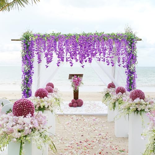 Sggvecsy 6Pcs Wisteria Garland Artificial Flowers Garland Fake Hanging Wisteria Vines Rattan Silk Hanging Flower Vines for Home Garden Outdoor Wedding Arch Party Ceremony Total 35.4Ft (Purple) - color: Purple