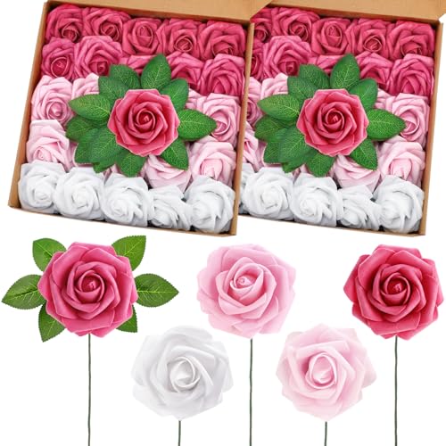 50 Pcs Artificial Foam Rose Flower Faux Bouquet Wedding Fake Rose Gift for Mother's Day Women DIY Bridal Shower Party Table Birthday Home Spring Decor (Gradient Pink) - color: Gradient Pink