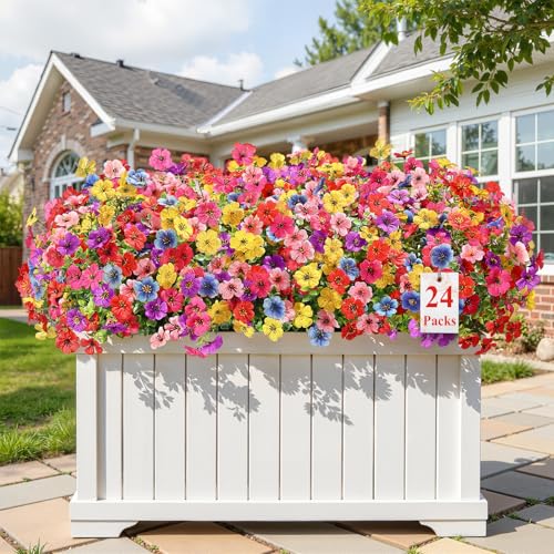 Alupssuc 24 Bundles Artificial Flowers for Outdoors Decoration, UV Resistant Silk Faux Floral Spring Fake Plastic Plants Greenery for Outside Indoor Home Garden Porch Window Box Decor, Mix 6 Colors - color: Red Rose Purple Blue Yellow Pink