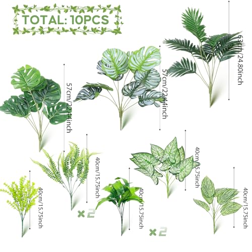 Artificial Plants Greenery Outdoor UV Resistant, 10 Bundles 24.8" Tall Faux Areca Palm, Monstera & Tropical Flowers, Large Fake Tropical Plants for Planters, Porch, Patio & Summer Decor - color: Green 2601