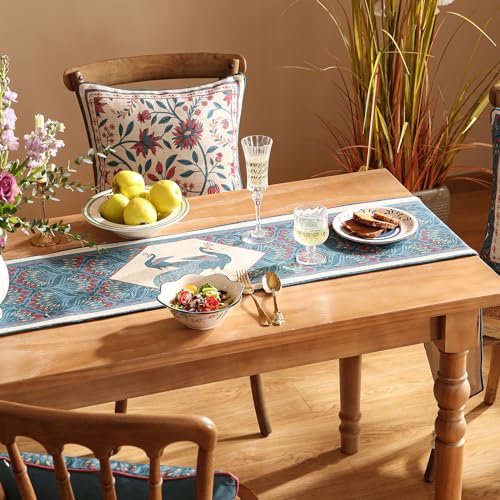 bilingaier Vintage Blue Peacock Small Table Runner for Table,Decorative Linen 102 Inches Long Table Runners,Decor Tabletop for Kitchen,Dining,Tea Party,Home,Christmas,12"x102" - color: Dorodangoa, size: 12"*102"