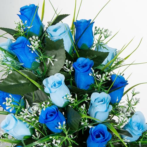 XONOR 2 Sets Artificial Cemetery Flowers, Grave Decorations Roses, Memorial Flowers Bouquet with Vase for Grave Cemetery Decoration (Dark Blue&Light Blue) - color: Dark Blue&light Blue