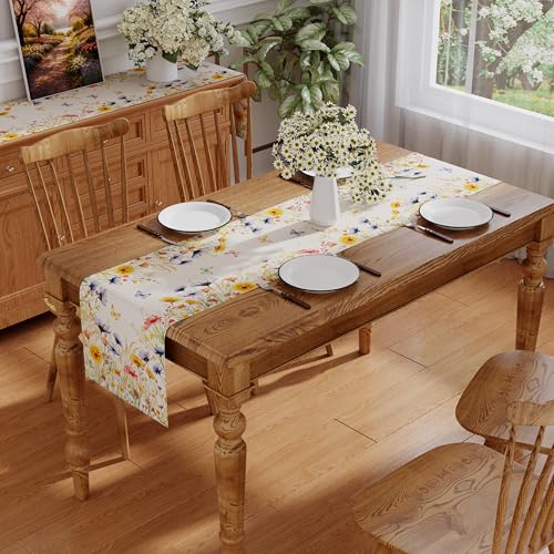 Sprin Table Runner, Colorful Wild Flower Butterfly Floral Spring Runner for Table Watercolor Seasonal Summer Holiday Home Party Decor Kitchen Dining Table Decorations 13x36 Inch - size: 13'' x 36''