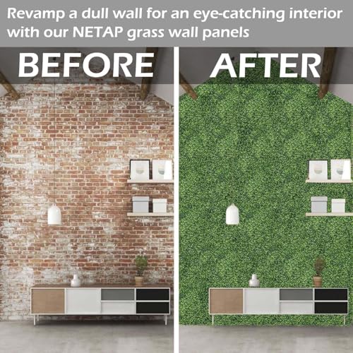 NETAP Grass Wall Panels, 10"x 10"(20pcs) 4-Layer Artificial Boxwood Faux Green Wall for Interior - size: 10x10 pack of 20