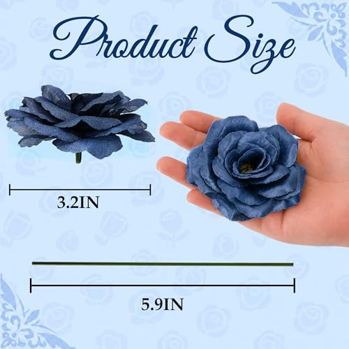 Rose Artificial Flowers, 50Pcs White Roses Head Flowers Bulk with Stem, 3 Inches Silk Rose Fake Flower Head for Wedding Party Home Decor DIY Baby Shower Centerpieces Tables Decoration (Navy Blue) - color: Navy Blue