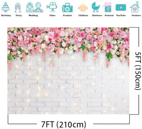 7x5FT White Brick Wall Flowers Backdrop Spring Theme Photography Background for Mother's Day Valentine Wedding Bridal Baby Shower Birthday Party Decor Banner Portrait Photo Booth Prop DH-270 ﻿ - size: 7X5FT