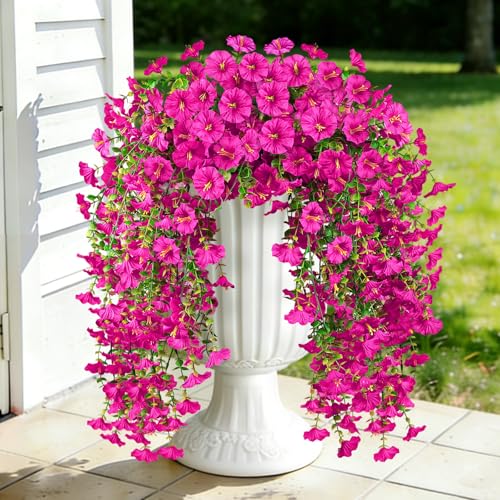 Artificial Hanging Flowers for Outdoors, 2PCS 300 Blooms UV Resistant Morning Glory Vine Fake Flowers with Eucalyptus, Realistic Silk Faux Hanging Plants Spring Summer Decorations for Porch (Lotus) - color: Lotus, size: 2PCS
