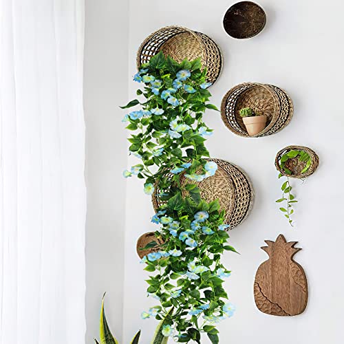 CISDUEO 2 Pcs Artificial Vines for Outdoors Silk Morning Glory Vines 15Feet Hanging Plants Blue Flowers Garland Fake Green Plant Morning Glories for Home Decor Wall Fence Wedding Hanging Baskets - color: Blue