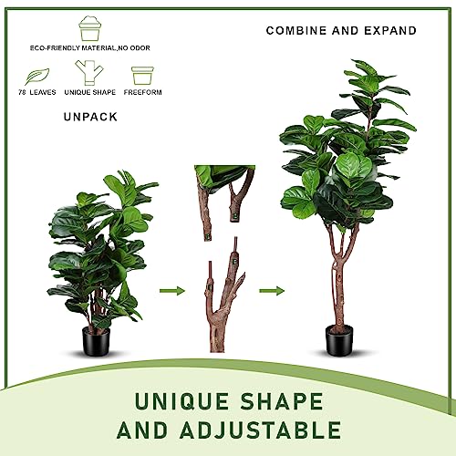 LYERSE Artificial Fiddle Leaf Fig Tree - 5ft Fake Ficus Lyrata Plant with 78 Decorative Fiddle Leaves in Plastic Pot Artificial Tree for Indoor Outdoor Home Office Perfect Housewarming - size: 5ft