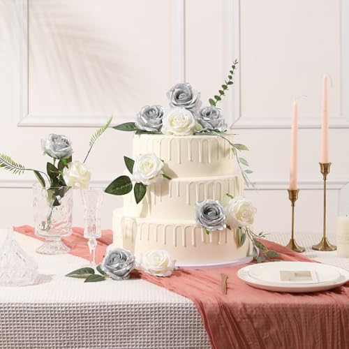 Tifuly Silver Roses Artificial Flowers -12Pcs Realistic Single Long Stem Fake Silk Roses Bouquet for Party Home Wedding Centerpiece Hotel Office Decor - color: Silver