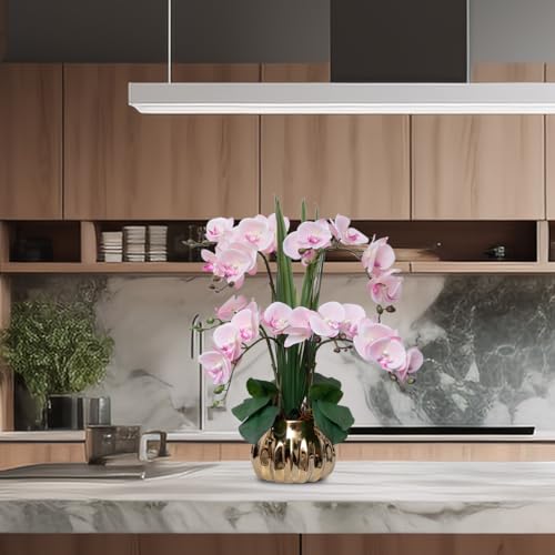 CXGS Artificial Orchid Flower Real Touch Faux Orchids in Ceramic Vase Large 22.9'' Fake Flowers Pink Phalaenopsis Floral for Home Indoor Decor - color: Pink- Golden (Large Pot)