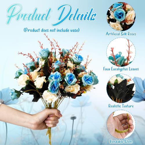 Hotop 12 Bunches of Artificial Flowers Centerpiece 13 Inches Silk Fake Roses Bouquets for Table Decoration Faux Arrangement Flowers for Wedding Cemetery Memorial Day (Light Blue) - color: Light Blue