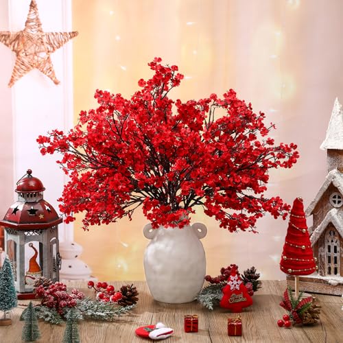 Lyrow 24 Pcs Red Babys Breath Artificial Flowers Decoration Fake Picks Stems Floral Arrangement Bushes Bulk for Home Indoor Table Decor(Red)