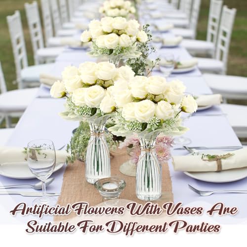Zeyune 36 Pack Artificial Flowers Centerpiece with Vase Bulk for Wedding Table 24 Bundles Silk Floral Faux Rose Bouquet with 12 Plastic Vase for Bridal Shower Table Decor(White) - color: White