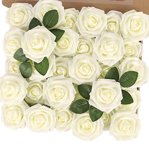 MACTING Artificial Flower Roses 30PCS Real Looking Fake Roses with Stem Foam Flowers for DIY Wedding Bouquets Table Centerpieces Party Baby Shower Home Summer Mothers Day Decorations,Ivory - color: Ivory, size: 30PCS