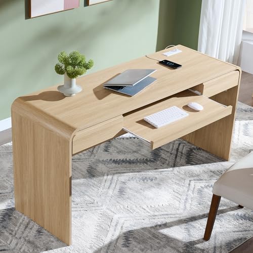 63" Modern Computer Desk with 2 Drawers, Wood Curved Executive Desk with Keyboard Tray & Power Outlet, Writing Desks with Storage for Home Office, Study Room, Living Room (Natural) - color: Natural