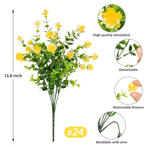 Ouddy Decor 24 Bundles Artificial Flowers for Outdoors Decoration Fake Flowers UV Resistant Faux Plastic Greenery Eucalyptus Plants for Spring Summer Garden Patio Indoor Outdoor Home Decor, Yellow - color: Yellow