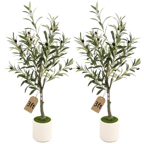 3FT 2pcs Spherical Fake Olive Tree Artificial Indoor,Faux Olive Tree with Pot,Large Olive Branches and Lifelike Fruits,for Home Office House Living Room Decor. - color: Green