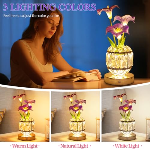 Flower Table Lamp, 3-Color Dimmable Artificial Flowers Night Light, Rechargeable Cordless Small Desk Lamp, Morning Glory with Crystal Vase for Party Date Home Decoration (Purple - Morning Glory) - color: Purple - Morning Glory