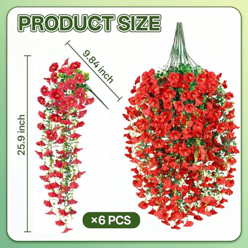 Artificial Hanging Flowers for Outdoors, 6 PCS Silk Morning Glory Artificial Flowers with Eucalyptus Leaves, UV Resistant Fake Flower Realistic Faux Plants for Home Patio Porch Garden Decor, Red - color: Red