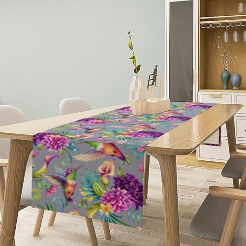 Hummingbird Table Runner,Spring Purple Hydrangea Floral Plants Table Runner for Holiday Kitchen Living Room Home Party Decor 13x36 Inch - color: Hummingbird-4, size: 13x36in