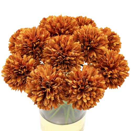 10Pcs Artificial Fake Flower Plants Silk Chrysanthemum Ball Hydrangea Arrangements Wedding Bouquets Decor Home Kitchen Garden Party Table Floral centerpieces DIY(Coffee Brown) - color: Coffee Brown