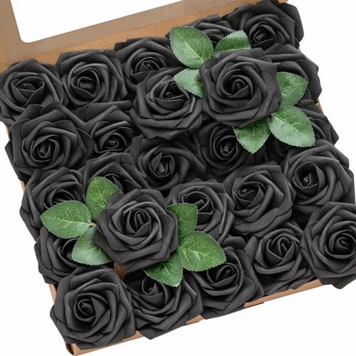 Ling's moment Artificial Roses, Black, 3 Inch 25 Pcs | Foam Material, With Stems, DIY Floral, Wedding Bouquet/Centerpieces, Party/Room/Garden Decor - color: Blk- Black, size: 25Pcs