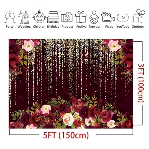 Red Rose Floral Theme Photography Backdrops Luxurious Vintage Red with Gold-Speckled Rose Backdrop Bridal Shower Wedding Anniversary Reception Ceremony Portrait Photo Booth Prop (C, 5 * 3feet) - color: C, size: 5*3feet