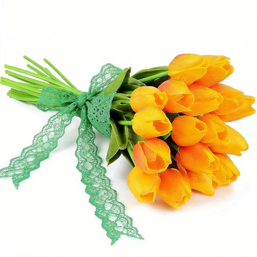 Artificial Tulips Bridal Wedding Festival Decor Bouquet Real Touch PU Flower Bouquet Pack of 20 (Yellow-Red) - color: Yellow-red