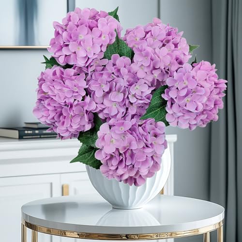 6PCS Purple Hydrangea Artificial Flowers, Bulk Silk Fake Flower with Stems, Faux Hydrangeas Bouquets for Home Décor, Wedding, Party, and Office Table Centerpieces. - color: Purple