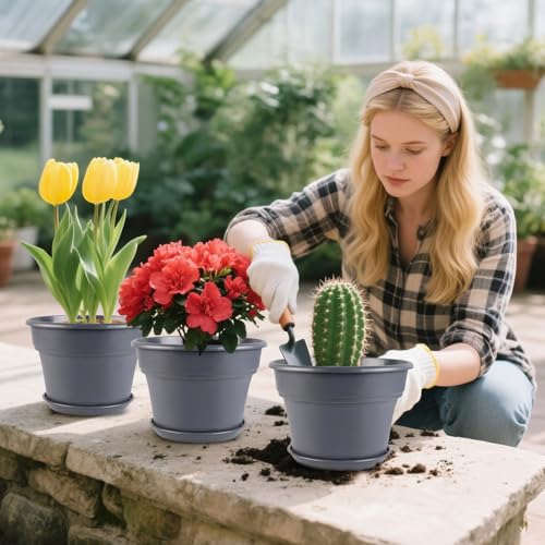 Myfeegoin 13-inch-Plant-Pots, 4 Pack Large Planters for Outdoor Plants, Plastic Flower Pots Indoor with Drainage Holes & Trays, Classic Garden Pot Container for House - color: Gray, size: 13inch